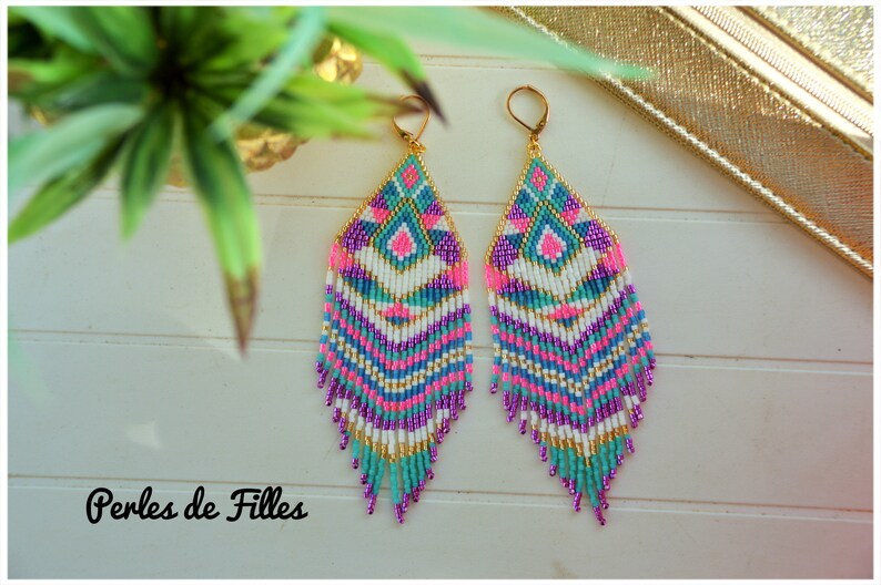 Geometric triangle earrings weaving miyuki beads purple, neon pink, white, turquoise, blue and gold image 2