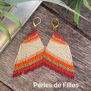 graphic triangle earrings with fringes asymmetrical weaving miyuki beads red gradient