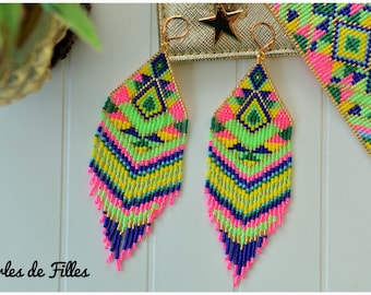 Geometric triangle earrings weaving miyuki beads blue, yellow, green, pink and gold