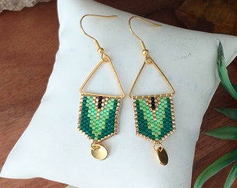 Golden brass triangle earrings and weaving miyuki beads degraded green