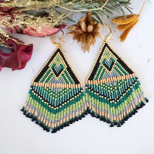 graphic triangle earrings with fringed black miyuki beads weaving, gradient of green, blue and gold