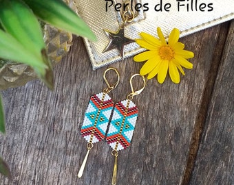 Geometric miyuki bead weaving earrings in white, red, burgundy, gray, turquoise & gold