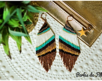 graphic triangle earrings with fringed beads weaving miyuki white, black, turquoie, brown