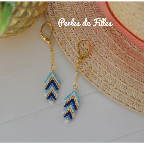 boucles d'oreilles chaine et tissage plume perles miyuki,bleu, blanc, vert