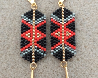 Geometric earrings weaving black, grey, red and gold miyuki beads