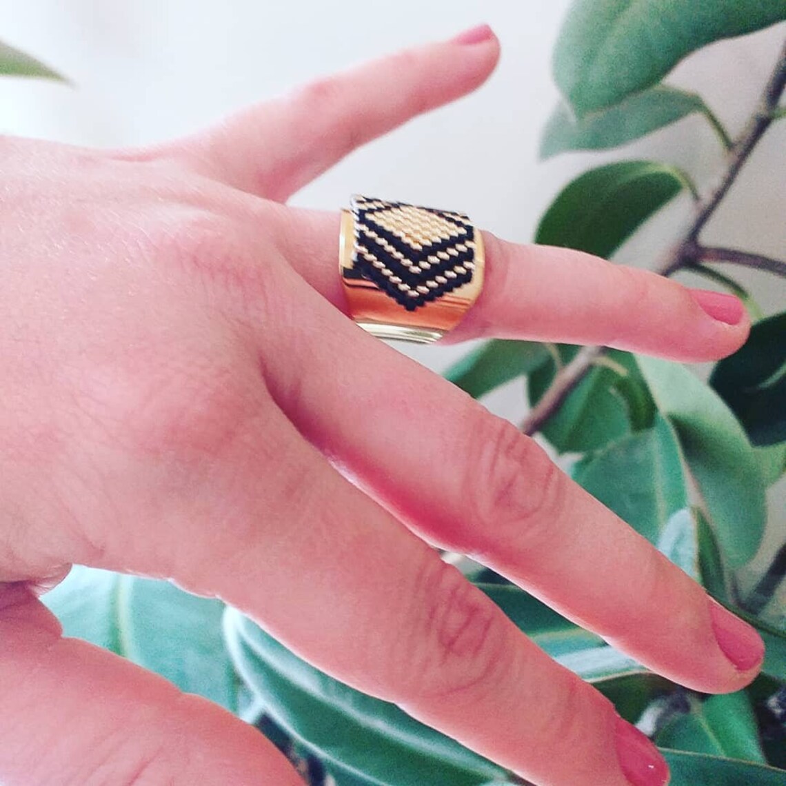 Large gold ring with black and gold Miyuki weave Etsy