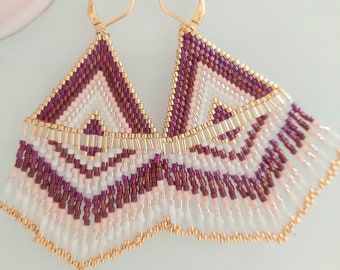 Geometric triangle earrings weaving pink, beige, wine lees and gold miyuki beads