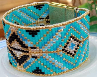 Miyuki Bead Weaving Cuff Bracelet Gradient of Blue, Black