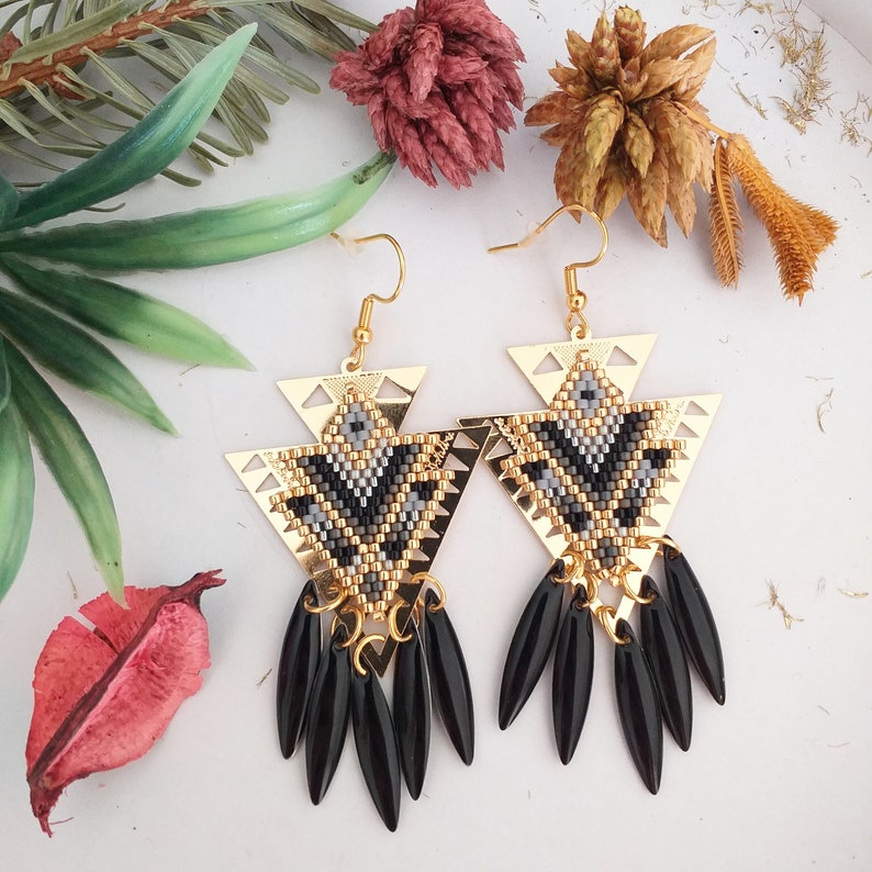 Earrings geometric triangle weaving miyuki black, gray & gold image 1