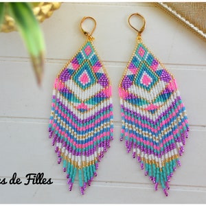 Geometric triangle earrings weaving miyuki beads purple, neon pink, white, turquoise, blue and gold image 3