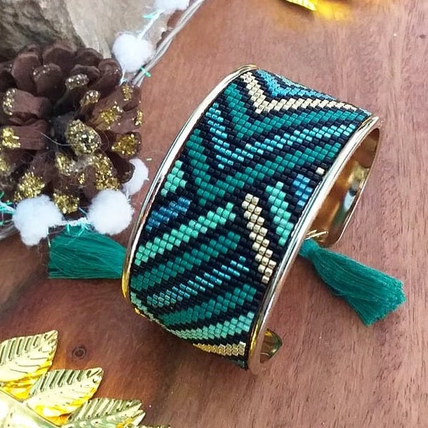 Golden brass bangle bracelet with miyuki beads, gradient of green, black, green pompoms