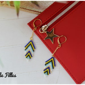 Kette Ohrringe und Feder Weben Perlen Miyuki, elektrische blau, gelb, grün, glänzend schwarz und gold