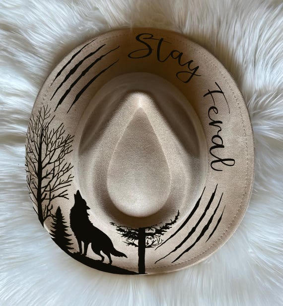 Wolf stay feral hat Burning Traceable Design, Hat Burning Tracing Stencil For Wide Brim Hats, SVG, and PNG Digital Files