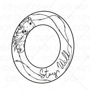 May include: Black and white line art illustration of a horse's head peeking out of a circle with barbed wire around it. The text "Stay Wild" is written inside the circle.