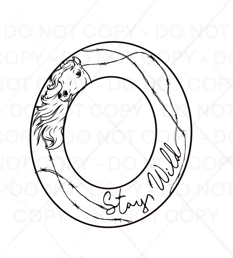 May include: Black and white line art illustration of a horse's head peeking out of a circle with barbed wire around it. The text "Stay Wild" is written inside the circle.