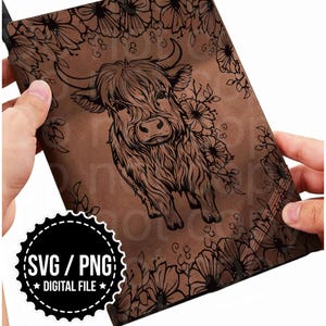 Highland Cow Journal/Notebook Traceable Design, Stencil, SVG, PNG, and PDF Digital Files, Planner templates, Floral stencil