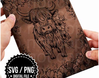 Highland Cow Journal/Notebook Traceable Design, Stencil, SVG, PNG, and PDF Digital Files, Planner templates, Floral stencil