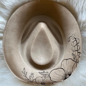 May include: A beige fedora hat with a black floral design. The hat features a wide brim and a teardrop-shaped crown. The floral design includes poppies and other flowers.