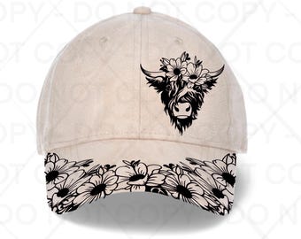 Highland Kuh Hut Brennen Rückverfolgbares Design, Hut Brennen Turing Schablone für Baseball und Trucker Hüte, SVG, PNG und PDF Digitale Dateien