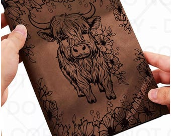 Highland Cow Journal/Notebook Traceable Design, Stencil, SVG, PNG, and PDF Digital Files, Planner templates, Floral stencil