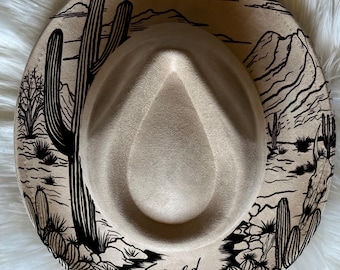 Western desert hat Burning Traceable Design, Hat Burning Tracing Stencil For Wide Brim Hats, SVG, PNG and PDF Digital Files