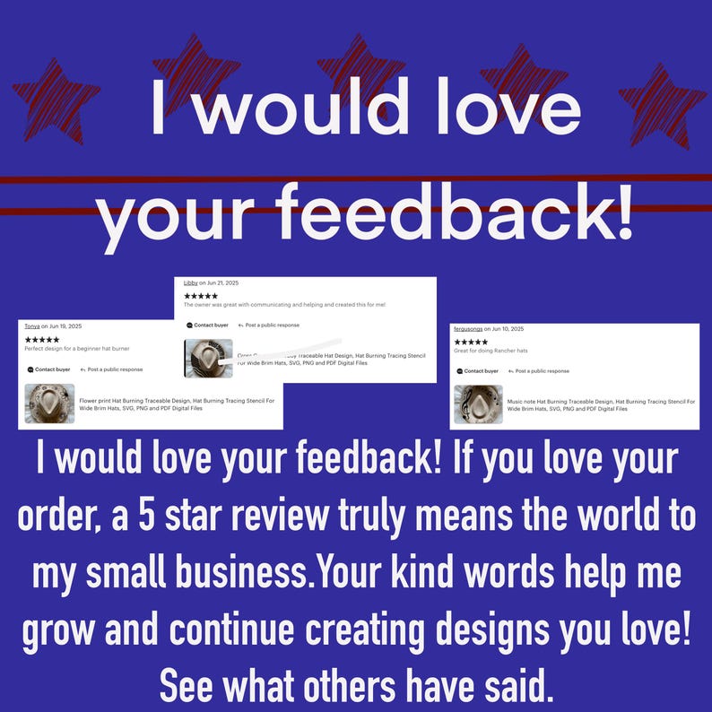 May include: A navy blue graphic with the text "I would love your feedback!" and customer reviews. The text encourages customers to leave a 5-star review. The image also includes red stars.