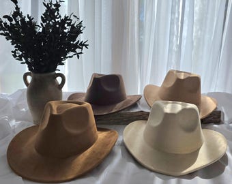 Vegan Suede Regular Cowboy Fedora Hat: Narrow curved brim Hat Blank for Burning Pyrography Art, cowgirl hat, hat burning