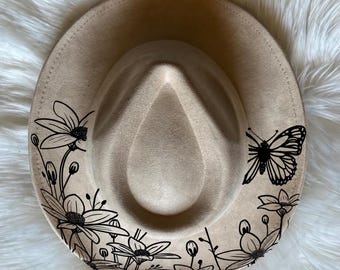 Flower butterfly hat Burning Traceable Design, Hat Burning Tracing Stencil For Wide Brim Hats, SVG, PNG and PDF Digital Files