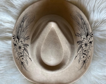 Boho, Flowers and feathers Hat Burning Tracing Stencil for Wide Brim Hats, SVG, PNG Digital Files