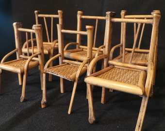 Vintage Lot Of 6 Pieces Japan Bamboo Woven Reed Dollhouse Miniature Chairs Furniture