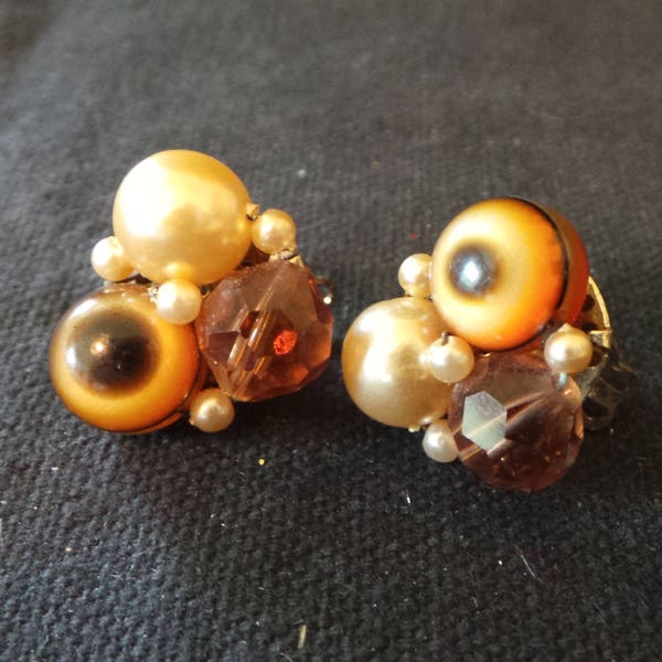 SALE Vintage Signed Japan Brown And Gold Tigers Eye Beaded Clip On Earrings