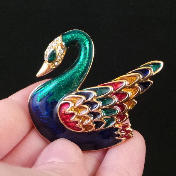 SALE Vintage Rainbow Enamel Rhinestone Blue Green Red Gold Swan Peacock Feathers Bird Brooch Pin