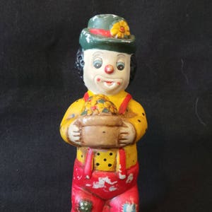 Vintage Hand Painted Shabby Chic Creepy Cute Clown Yellow Red Flower Pot Bouquet Figurine