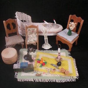 Antique Vintage Dollhouse Miniature Furniture Accessories Lot German Chairs Wicker Chaise Lounge Spun Glass Candle Sticks Sconces Decor