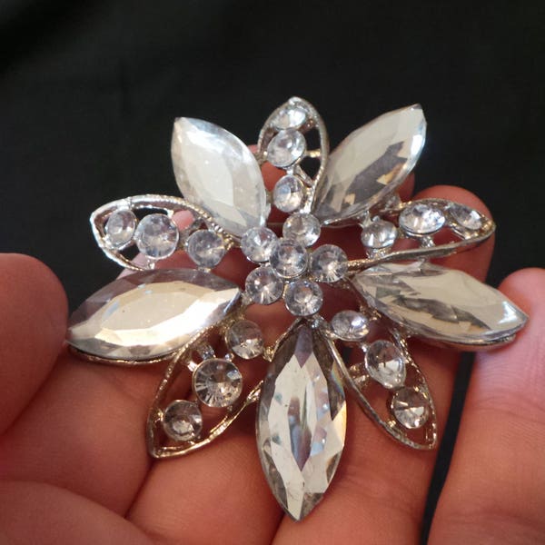 CLEARANCE Huge Vintage Silver Clear Rhinestone Paste Flower Brooch Pin