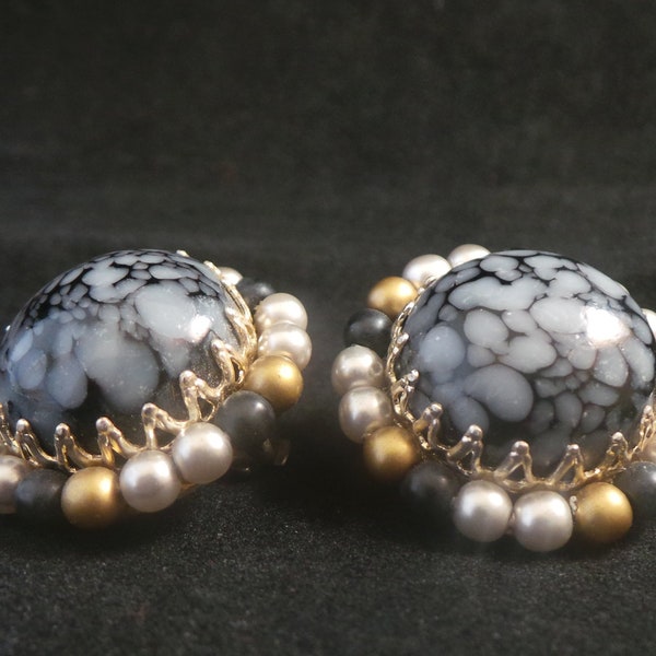 Vintage Signed Marked Japan Midcentury Modern Marbled Blue And White Cameo Silver Gold Black Beaded Clip On Earrings