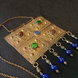 SALE Antique Vintage Arabian Turkish Hammered Metal Pendant Glass Beaded Statement Necklace