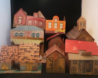 SALE Lot Of Antique Vintage McLoughlin The Pretty Village Miniature Paper Cardboard Lithograph Houses Church Town Village