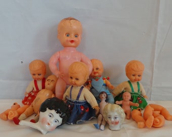 Huge Lot Vintage As Is Dollhouse Miniature Dolls Baby Doll Toddle Child Children Broken Repair German Plastic China Jointed Dressed Clothes