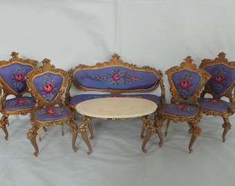 Vintage 1950's Spielwaren German Dollhouse Miniature Living Room Couch Chairs Table Gold Purple Petit Point Embroidery Rose Flowers