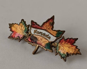 Vintage Midcentury Brass Enamel Canada Fall Maple Leaves Leaf Brooch Pin