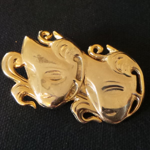 Vintage Gold Comedy Masks Mardi Gras Masquerade Brooch Pin