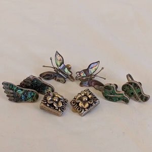 Lot Of Four 4 Vintage Southwestern Mexican Abalone Turquoise Chip Inlay Symbols Sterling Silver? Screw Back Clip On Earrings
