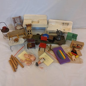 HUGE Lot Vintage Miniatures And Doll Toys As Is Repair Junk Drawer Collection Kitchen Sink Tootsietoy Furniture Accessories Dolls German