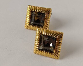 Vintage Classic Gold Square Gray Stone Faceted Gem Stud Earrings