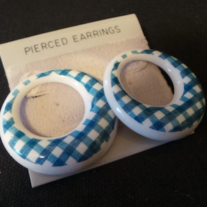 NEW Vintage Blue And White Checked Country Rockabilly Hoop Earrings