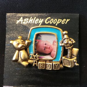 NEW Vintage Ashley Cooper Signed Danecraft Gold Picture Frame It&#39;s A Boy Baby Birth Teddy Bear Jack In The Box Brooch Pin