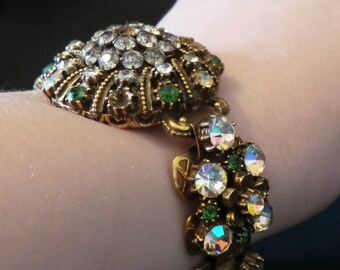 Gorgeous Vintage Gold Emerald Green Clear Rhinestone Large Quality Baroque Revival Bracelet