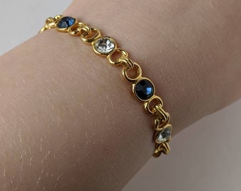 Vintage Retro Gold Chain Link White Blue Rhinestone Jewel Bracelet