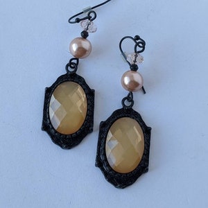 Vintage Victorian Revival Black Pink Pearl Citrine Cameo Dangle Earrings